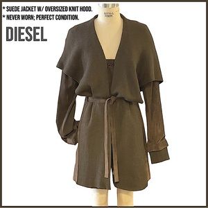 DIESEL, Calf Leather Trench Coat W/ Knit Hood & Cuff Details. Excellent Cond.